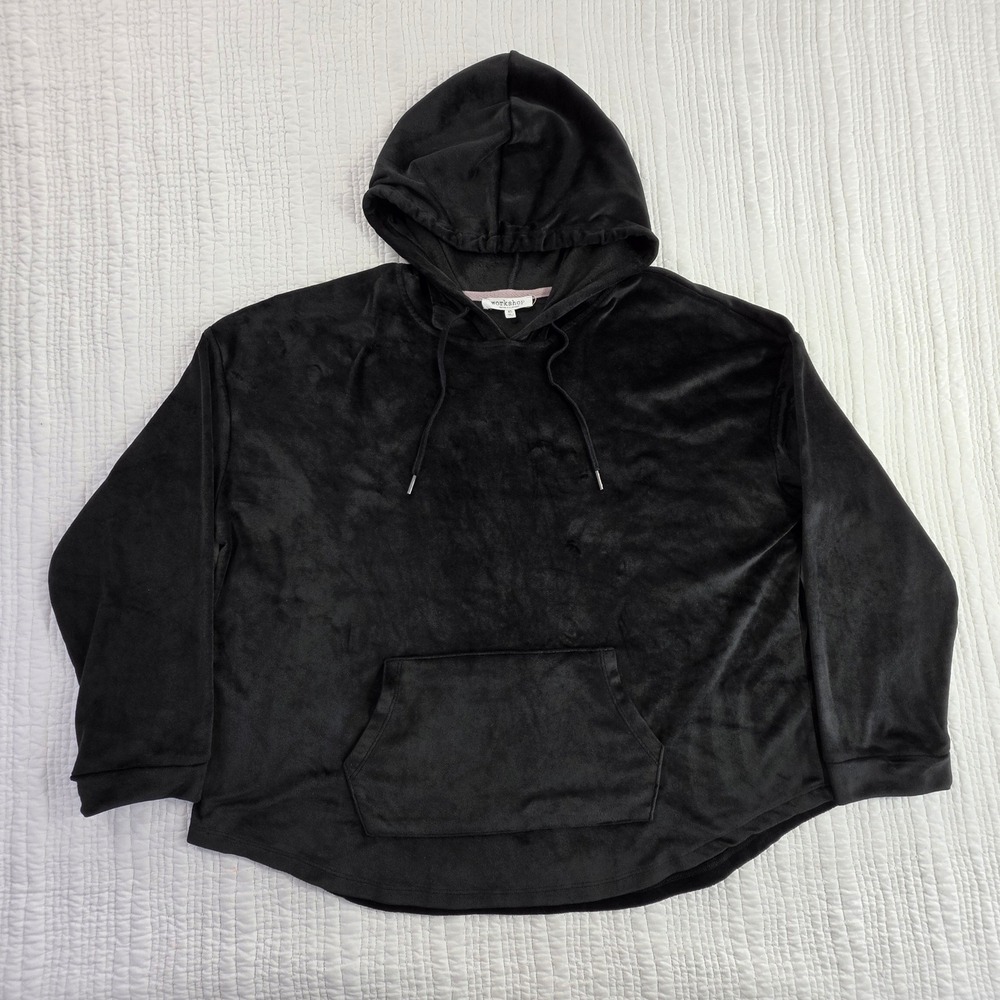 Workshop Republic Clothing Black Velour Hoodie Sweatshirt XL EUC Velvet Pullover